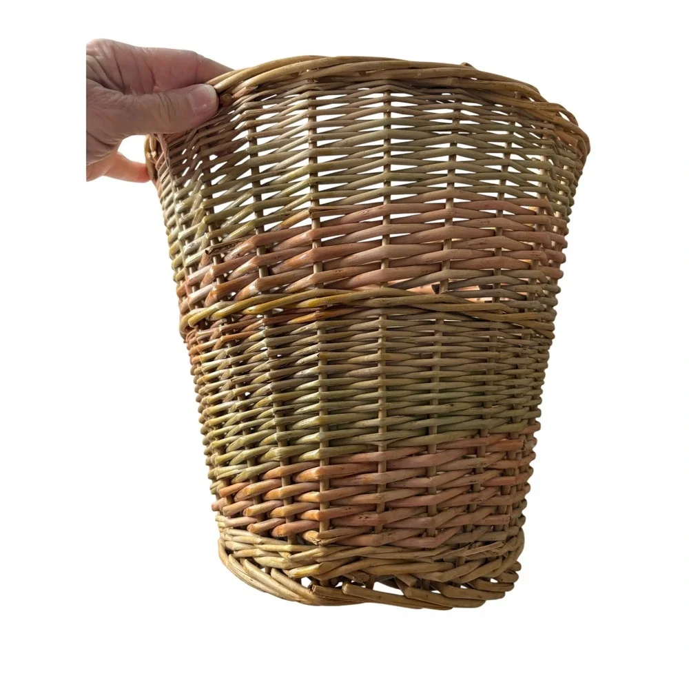 VTG Woven Wicker Basket Tapered Boho Wastebasket Pink Green Tan 11x11 Boho